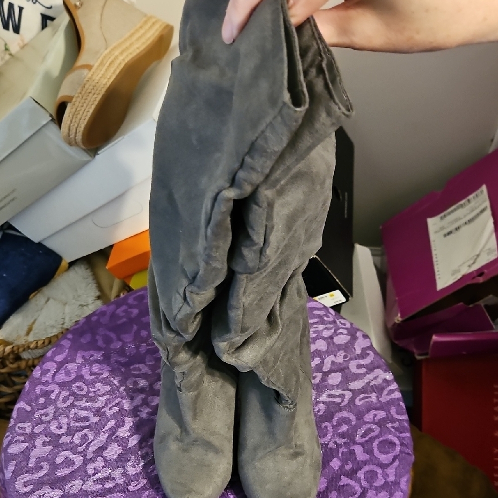 Gray Suede Knee-High Boots